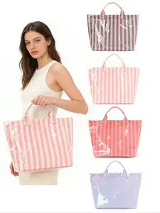 Striped Tote Bag High-Value Lightweight Handbag Casual Trendy Bag Commuter Large Capacity Portable Travel Shoulder Bag, Durable Fashion Cosmetic Storage Bag, Casual Shopping Bag
