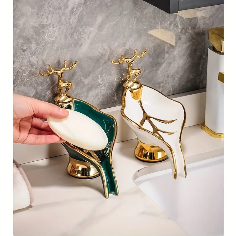 1pc Self-draining Leaf Shaped Soap Box with Deer Decoration, Soap Holder for Bathroom & Kitchen, Home Decor, Bathroom Essential Universal Fit Bathtub Drain Plugs with Hair Strainer paper storage wall Self-Adhesive Hair Catcher Stickers free w High Lar