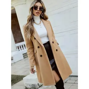 [Long Sleeve Double Breasted Coat] Double Breasted Trench Coat, Elegant Lapel Long Sleeve Outerwear, Women's Clothing
