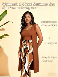 women summer sets 3 piece set plus size Lounge Pants Set Pajamas Long Cardigan Crop Tank Tops with Drawstring Loungewear Outfit tiktokshopspringglowup
