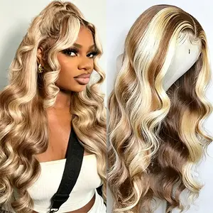 Glueless 13x4 Body Wave #27/613 Highlight Wig HD 613 Lace Front Wig Ombre Colored Human Hair Lace Frontal Wigs Fow Women 180% Density Honey Blonde Wigs 100% Human Hair Pre Plucked fathersdaygiftideas