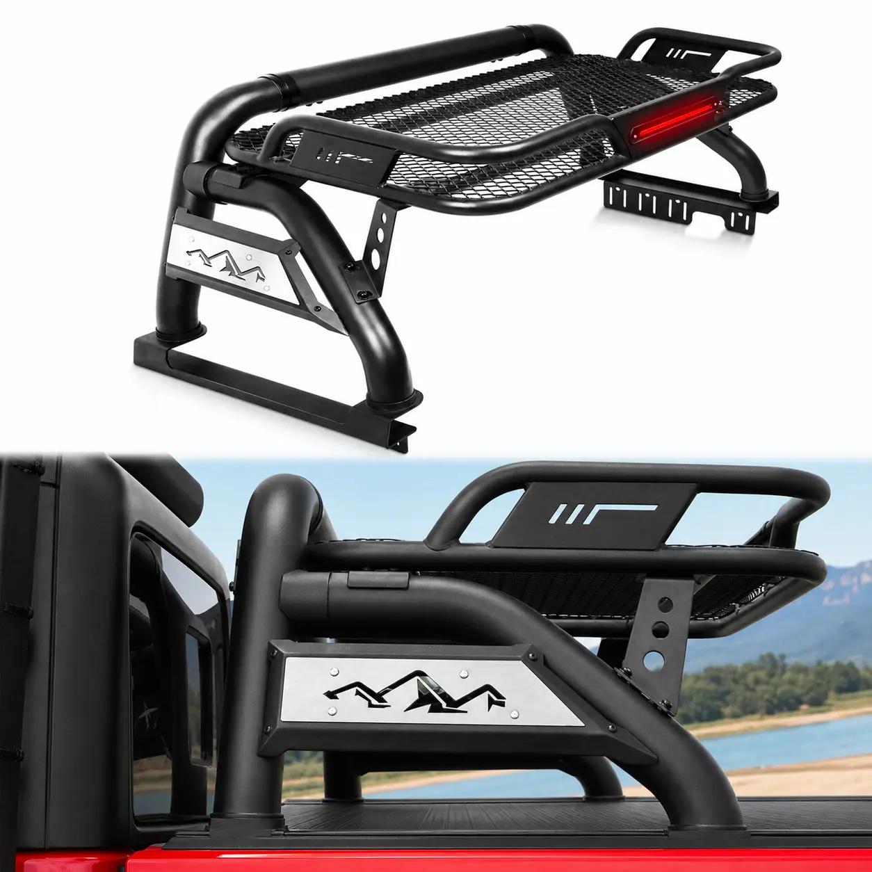 MONOKING Heavy-Duty Mid-Size Truck Bed Roll Bar with Cargo Basket, Bolt-On Adjustable Design, Carbon Black, Third Brake Light for 2007-2026 Tacoma, Gladiator, Colorado, Ranger, Canyon, Frontier, Dakota, Secure Install, Monoking Chase Rack, High-Visibility