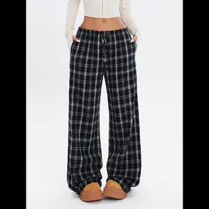 Women's Plaid Flannel Pants, Low Waist Elastic Band, Side Pockets, Loose Fit Straight Leg Streetwear Joggers for Fall & Winter