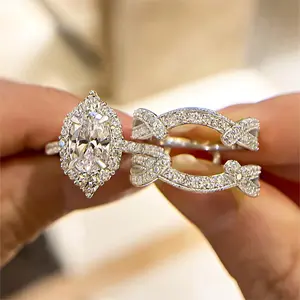 Effinny Oval Cut 2.0ct Insert Wedding Ring Set, 925 Sterling Silver Promise Ring, 5A Cubic Zirconia Bridal Set Rings for Women, Party, Travel, Bridal Ring Sets, Adults