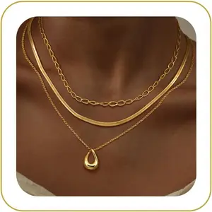 NECOCY Layered Gold Necklaces for Women, Trendy 14k Gold/Silver Plated Pendant Necklace Stack Simple Herringbone Chain Choker Set Gold Jewelry Gifts