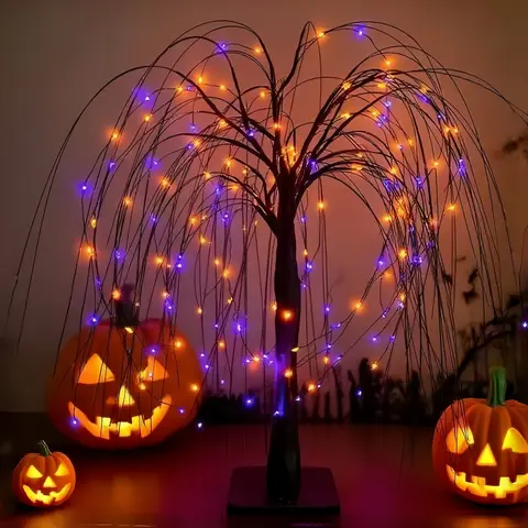 Spooky Abstract Art Deco LED Simulated Willow Tree Lights - Halloween Decorations with Color Changing Mood Lighting, 8 Modes, Dual Battery-USB Charging, Black Willow Branch-Purple/Orange Light, Halloween Ideas, Batteries, Floor Mount, Indoor Table Decor