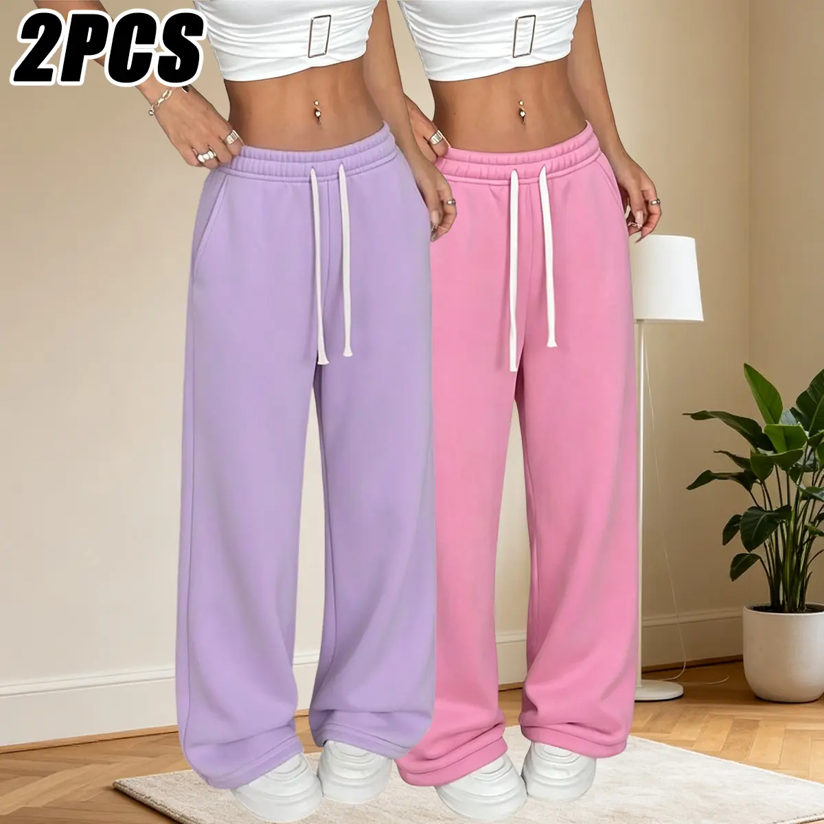 2-piece set, women’s athletic casual pants, loose wide-leg pants, solid color, elastic drawstring waistband, suitable for outdoor sports and everyday casual wear, women’s sweatpants, jogging pants, women’s long pants, women’s pants, womenswear