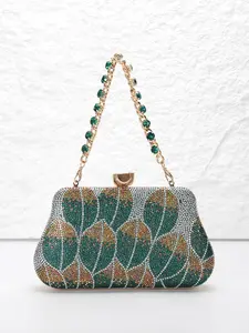 A leaf pattern lady's evening bag, shiny full of rhinestones with hand chain handbag, clutch bag, crossbody bag with shoulder chain, large rhinestones lock design, diamond studded hand chain design, back to school season, weddings, parties, banquets and s