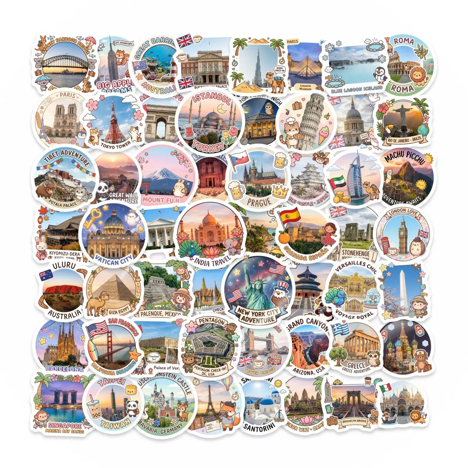 50 Cartoon World Landmark Travel Stickers, Waterproof Luggage Decals, Global Sightseeing Stamps, Hand Account Decoration, Fun Stickers