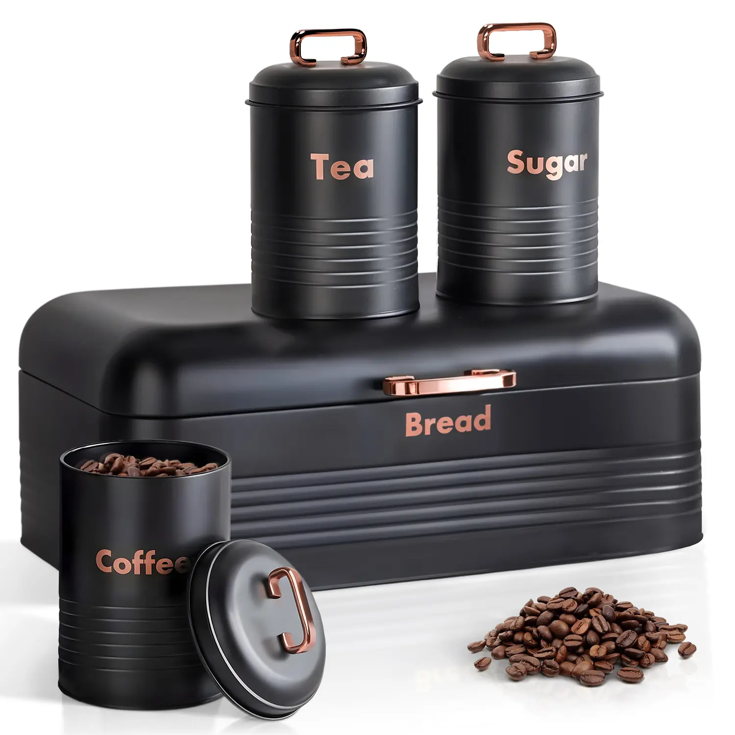 Plexon Metal Bread Box with Tea Coffee Sugar Canister Set (4-Piece), Kitchen Countertop Bread Storage Bin with Labeled Containers, Black & Off-White