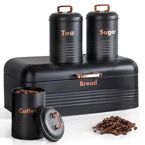 Plexon Metal Bread Box with Tea Coffee Sugar Canister Set (4-Piece), Kitchen Countertop Bread Storage Bin with Labeled Containers, Black & Off-White