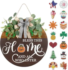 Interchangeable Seasonal Welcome Home Sign for Front Door, Rustic Round Wood Wreath Wall Hanging Decorations, for Spring Summer Fall Winter All Holiday Halloween Christmas Farmhouse Outdoor Home Decor