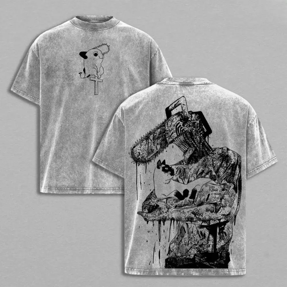 Chainsaw Man Denji Tee – Vintage Washed Heavy Cotton Oversized T-Shirt, Double Printed Anime Manga Graphic Top, Retro Unisex Streetwear for Devil Hunter Fans, Movie Inspired Edition Chainsaw Man anime merchandise