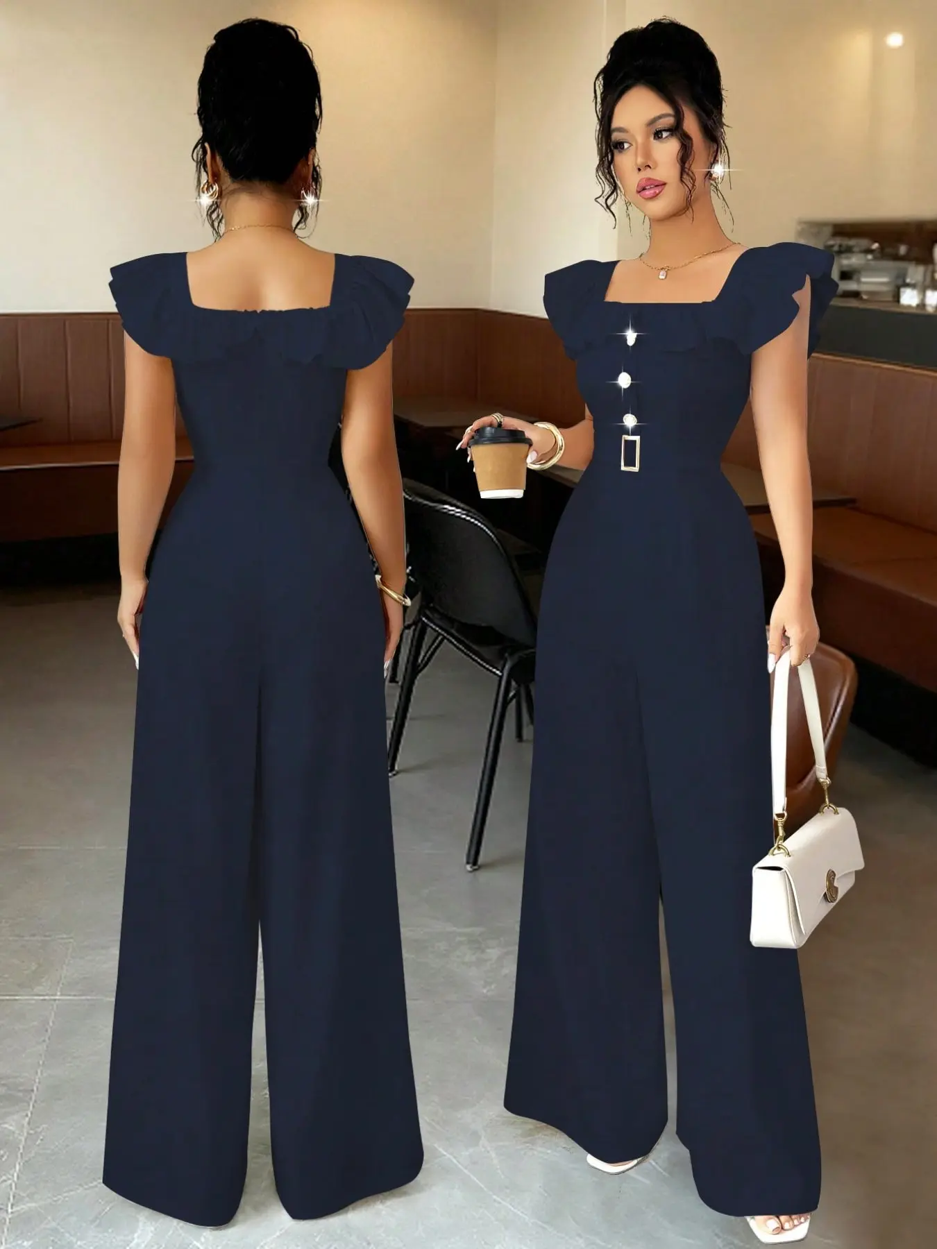 New Women's Square Neck Pleated Fake Placket Waistband Decorative Buckle Casual Versatile Commuter Tall Slim Elegant Jumpsuit Pants