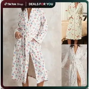 Women Dressing Gown Flannel Robe, Floral Print Shawl Collar Bathrobe for Hotel Spa Party Kimono Robe with Belt, Ladies Clothes for Indoor Outdoor Wear, Ladies Clothes for Daily Wear