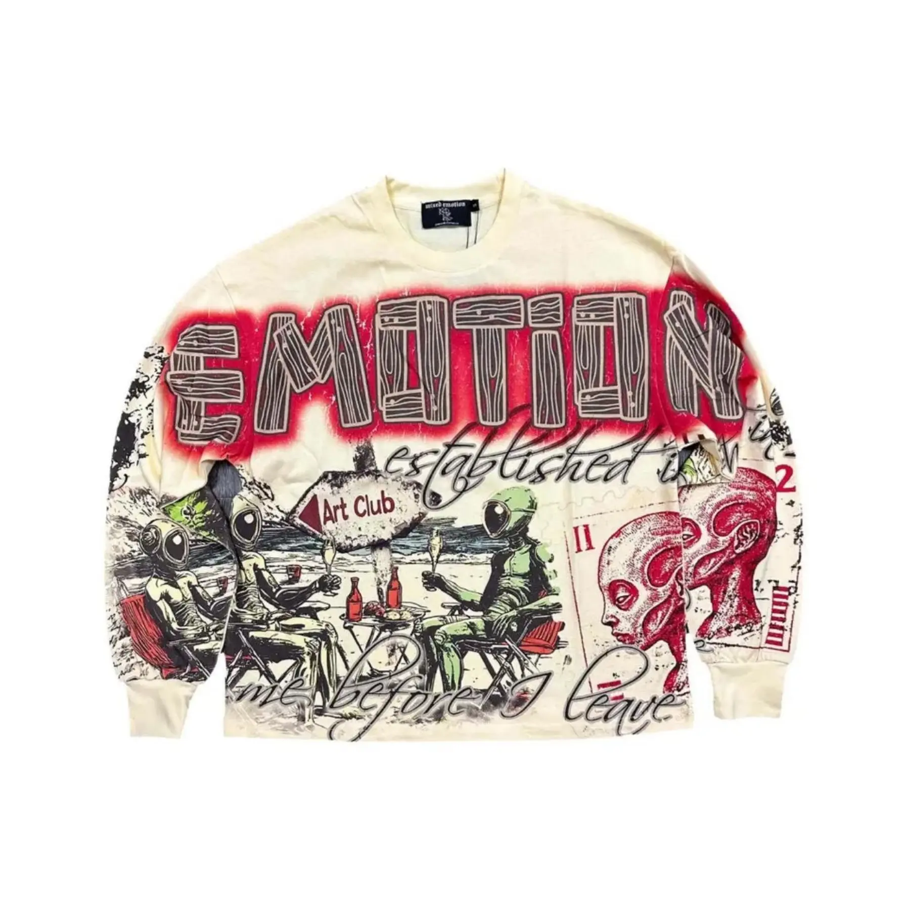 Mixed Emotion Mens Y2K Grunge Alien Astronaut Art Club Graphic Long Sleeve Tee Red Airbrush Wood Grain Oversized Streetwear Hip Hop Unisex Crewneck Top