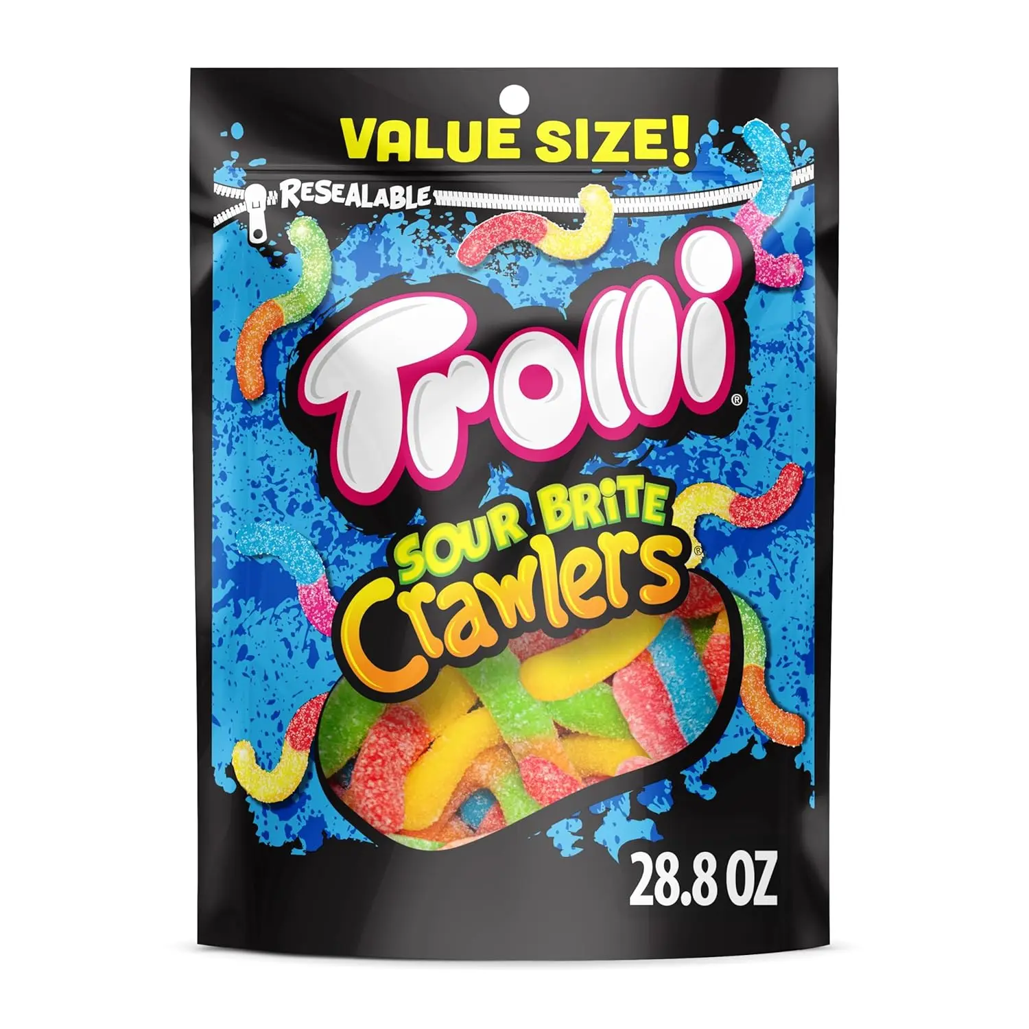 Trolli Sour Brite Crawlers Gelatin Gummy Worms Snack - Juicy Grape-Straw, Cherry-Lemon, Orange-Lime Flavors, Novelty Candy for Children & Adults, Halloween Treat, 28.8 oz