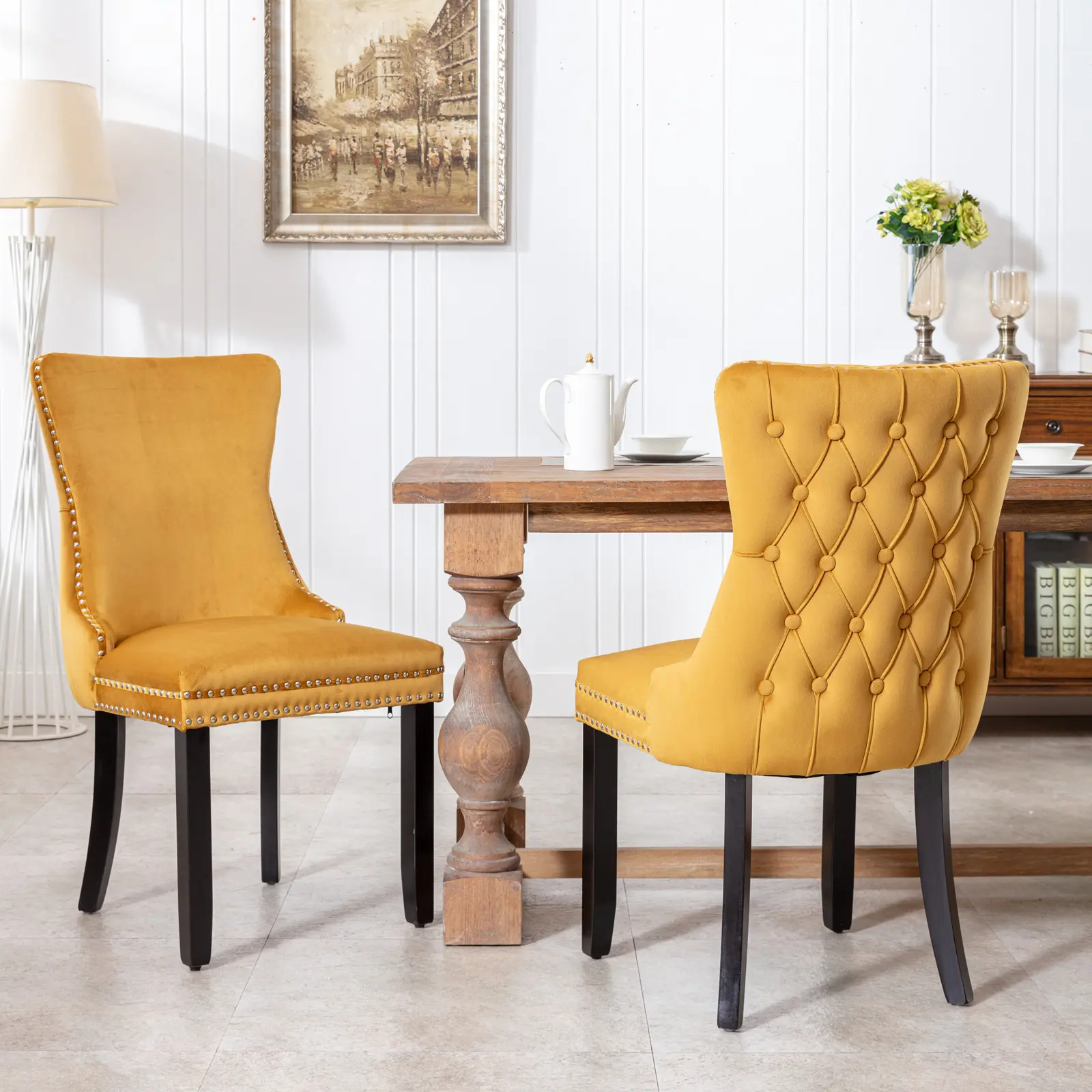 Dreamzon Furniture Luxury Comfortable Winged Back Dining Chairs - Set of 2, Golden, SW8809GL, Backstitching, Nailhead Trim, Solid Wood Legs, Mid-Century Home Design, Modern Velvet Fabric