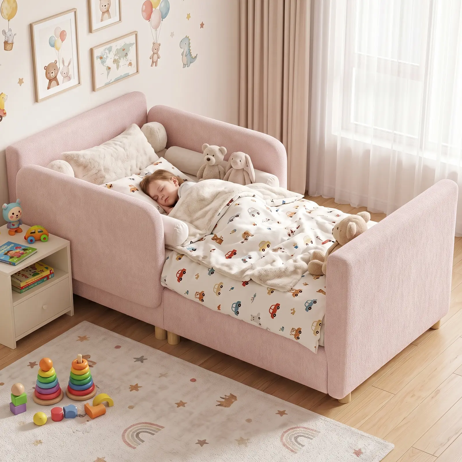 Lilypelle Toddler Bed Frame, With Detachable Safety Railing, CPSC Certified Boy and Girl Crib, Standard Crib, Certified Fabric Toddler Bed Frame, Excluding Mattress summerwins,dorm essentials,home decor
