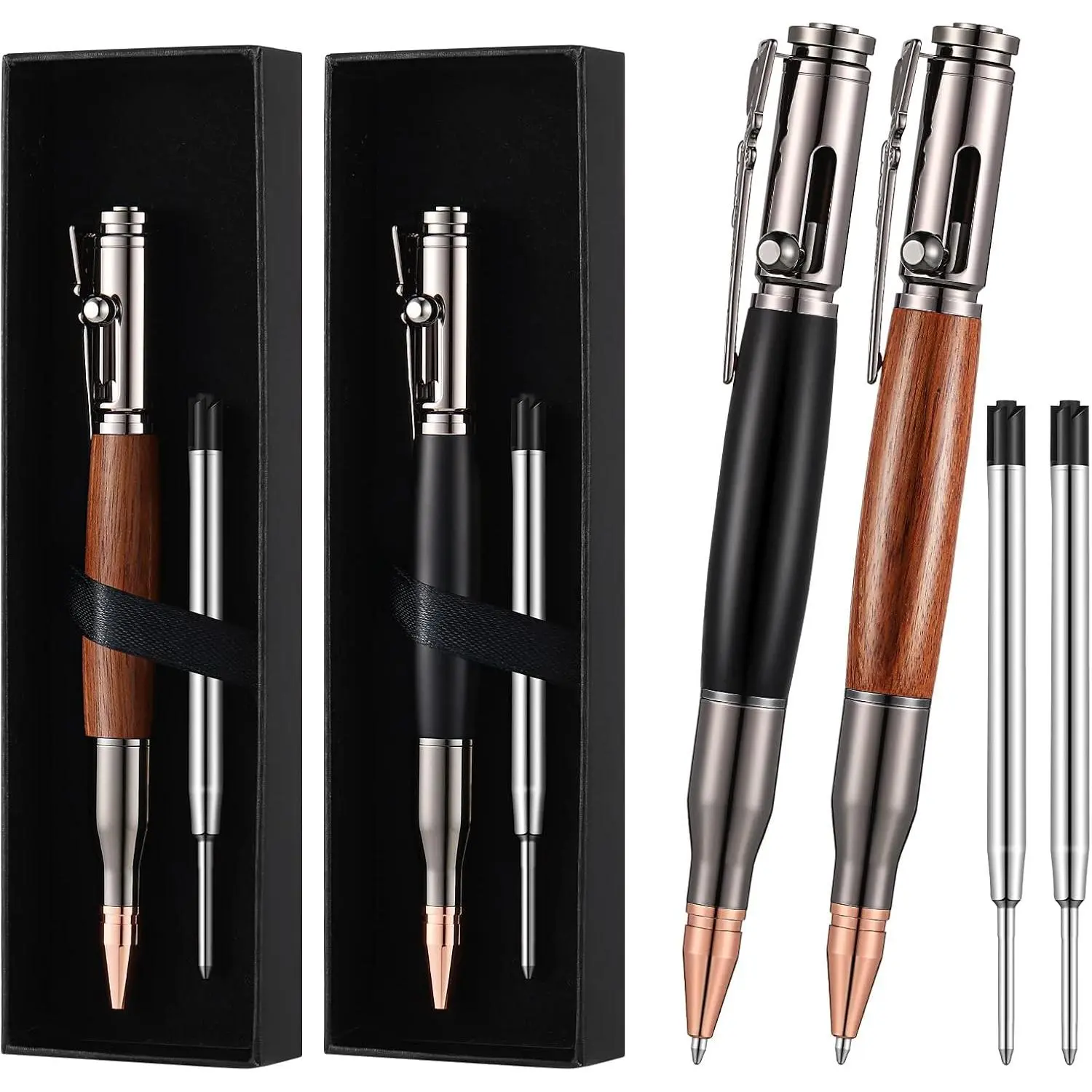 2 count Bolt Action Pen  Ballpoint Solid Brass  Shaped Pens and 2 count Refills with 2 Present Boxes for Father's Day, Valentine, Birthday, Black Ink(Black, Brown), Ballpen Set, Gift Box Pens & Refills