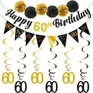 60th Birthday Decoration Set, Gold Happy 60th Banner, Triangle Flag Banners, Party Decorations, Swirl Streamer Paper Pom Poms, Yard Sign Banner