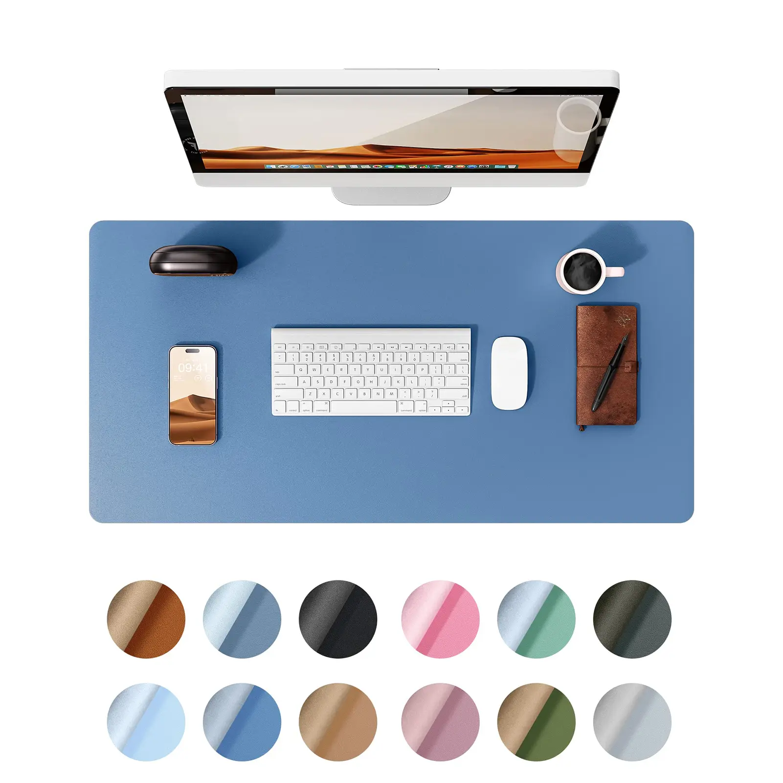 Leather Desk Pad Protector, Office Desk Mat, Large Mouse Pad, Non-Slip PU Leather Desk Blotter, Laptop Desk Pad, Waterproof Desk Writing Pad for Office and Home (23.6" x 13.8", Sea Blue)