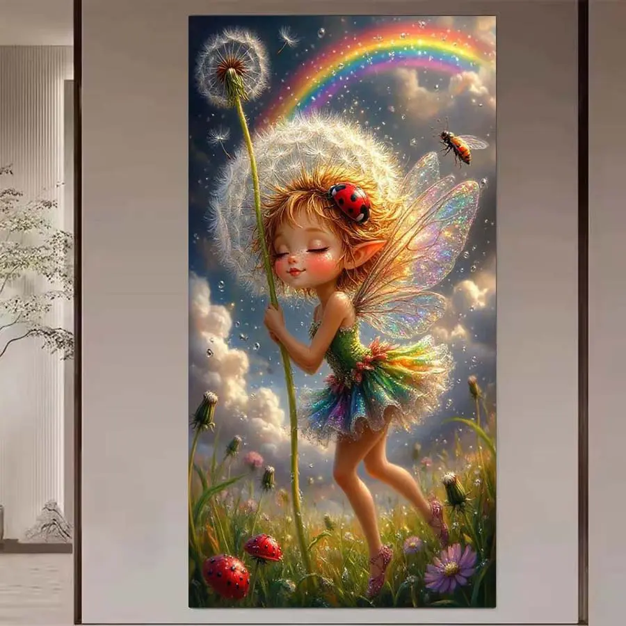 1 DIY handmade diamond painting kit, 5D diamond art set, DIY decoration, rainbow, dandelion, ladybug. Diamond painting kit with full round diamonds, mosaic, diamond art, DIY art home decoration, suitable for Christmas.