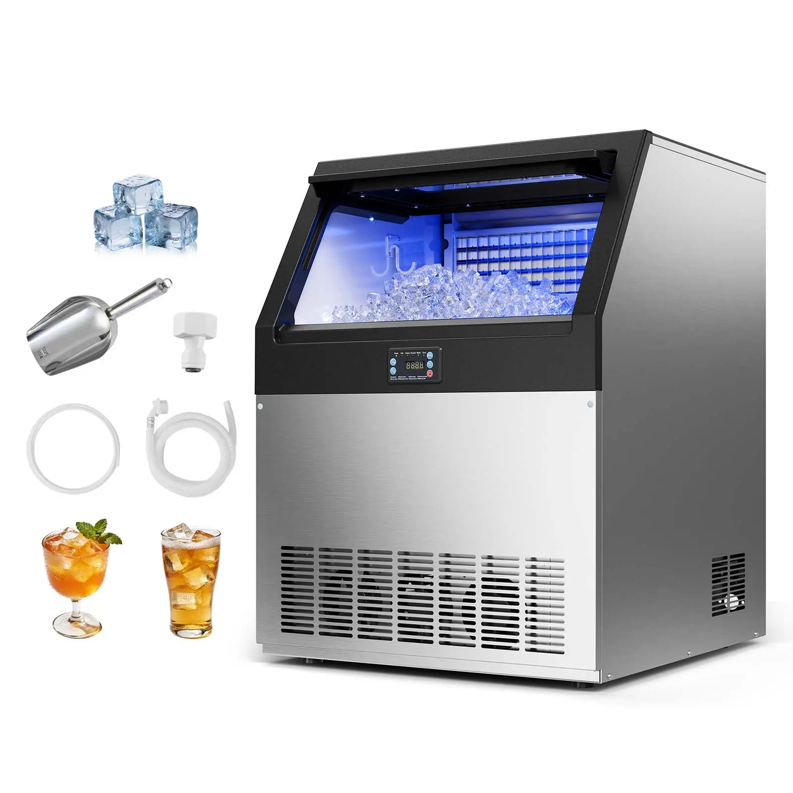 【Father's Day】VEVOR Commercial Ice Cubes Maker Machine, 440 lbs/24h Production, 85 lbs Large Bin Storage, Built-in/Freestanding/Under Counter Stainless Steel Unit with LED Display & Self-Cleaning, for Home Bars Restaurant