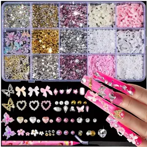 10000pcs Nail Charms and Gems: Pink Cute Bow Heart 3D Flower Charms for Junk Cases kit; Golden Chunky Butterfly Charms for Nails Design, Small Rhinestones for Nails; Beads for Nails Art
