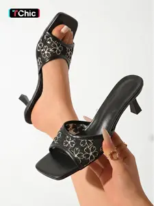 Floral Embroidered Mesh Square Toe Kitten Heel Mules Women's Shoes
