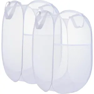 2 Pack Foldable Mesh Popup Laundry Hamper with Durable Handle, Easy to Open and Fold for Dorm Laundry Room Bedroom RV (White+White)