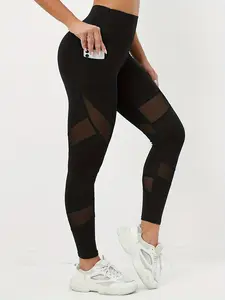 Women's High Waist Pocket Contrast Mesh Sports Leggings, Tight-fitting Elastic Seamless Comfortable Breathable Yoga Leggings, Ladies Sportswear Clothing For Gym Workout Running Fitness Yoga Pants