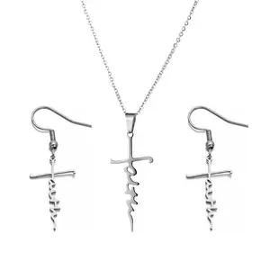 Earring + Necklace Set , Men Women Stainless Steel Faith Letter Cross Shaped Pendant Earrings Necklace Set Jewelry Gift