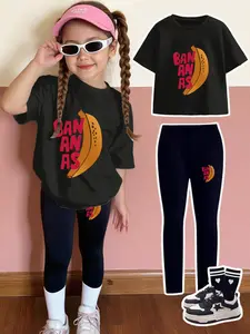 Girls' Fun Banana Casual Two-Piece Set, Comfortable Round Neck, Short Sleeve with 'bananas' Print, Cartoon Pattern, All Seasons