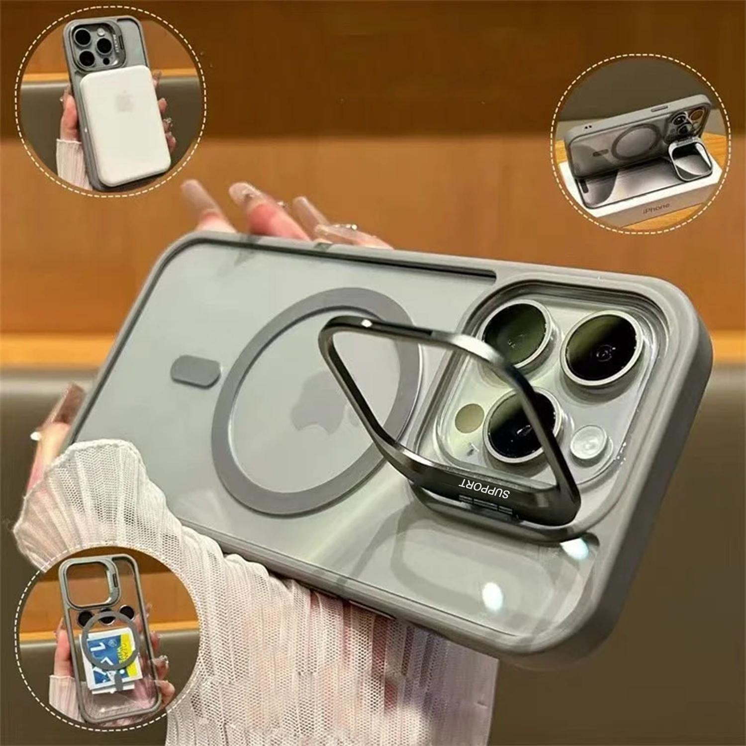 for iPhone 17 Pro Max 16 15 14 13 12 11 Magnetic Case with Kickstand, Compatible with MagSafe, Built in Stash Stand Clear Shockproof Cover Camera Lens Protection Case