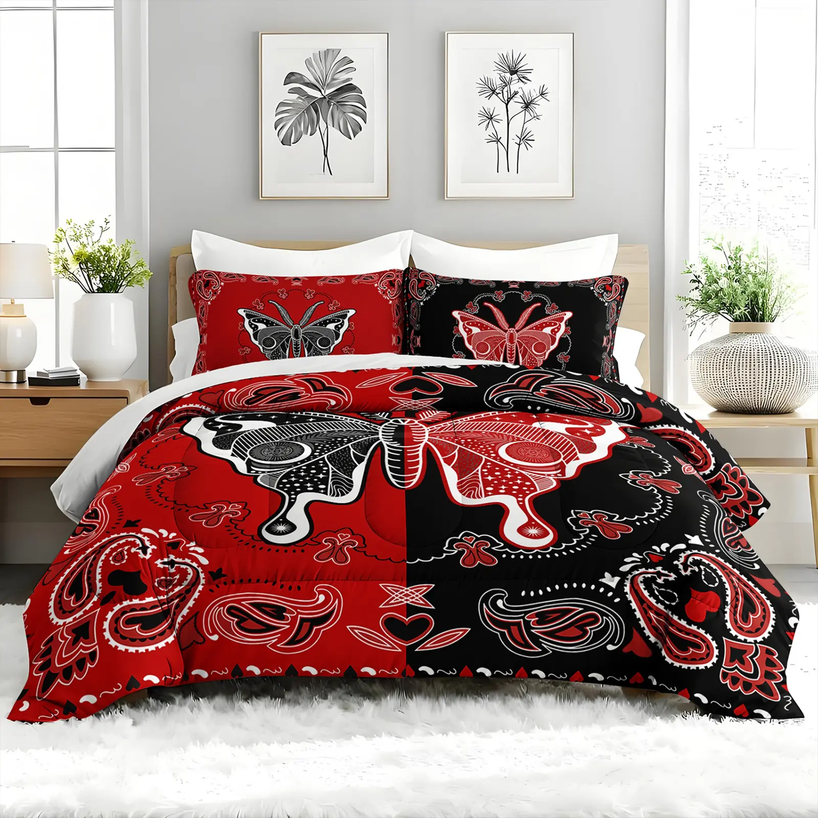 3pcs Red Black Paisley Print Microfibre Duvet Cover Set - Bedroom Bedding Set with Boho Butterfly Detail, Polyester Breathable Lightweight Soft All-Season Comforter, 2 Pillowcases, Machine Wash Guest Room Gift