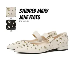 Ballet Flats for Women Studded Flat Pointed Toe Golden Rivets Chunky Block Heel Adjustable Buckle Strap Summer Sandals Comfy Mary Jane Shoe Easy Slip on Gifts for Her Work Casual Party Wedding Spring Dressy Ballerina Shoes
