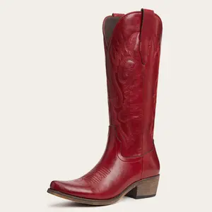 Women’s Red Tall Cowboy Boots – Classic Western Embroidered Boots with Block Heel
