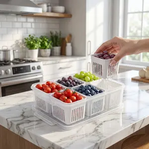 Airtight Sealed Food Storage Containers, 6 Compartments Draining Fresh-Keeping Crisper, Portable Split Design Box for Refrigerator Vegetables Fruits Storage