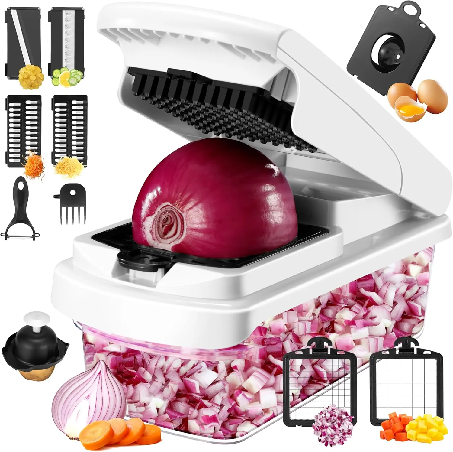 [New Deal] 12-in-1 Multifunctional Vegetable Chopper with 7 Stainless Steel Blades, Pro Onion Chopper, White Container and Cheese Shredder - Essential Kitchen Utensil