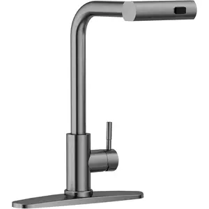 Waterfall Kitchen Faucet with Pull Down Sprayer, Black Stainless Kitchen Faucet with 3 Modes Sprayer, Gunmetal Gray Stainless Steel Kitchen Sink Faucet 360° Swivel, Single Handle Kitchen Faucet