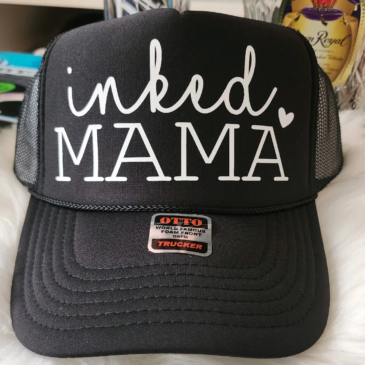 inked mama trucker hat [white letter writing]
