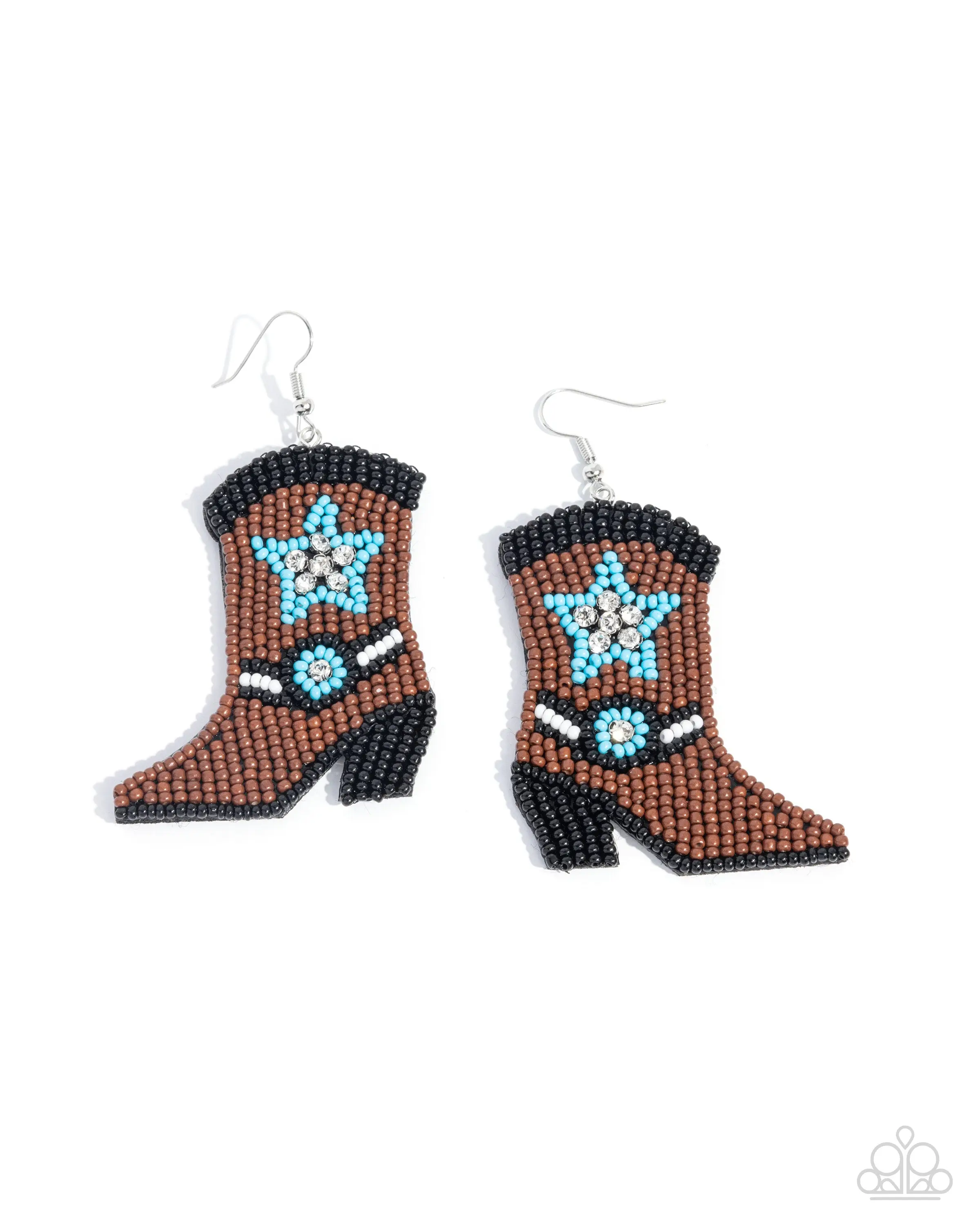 Beaded Boot - Brown Turquoise Star Seed Bead Cowboy Western Earrings - Paparazzi