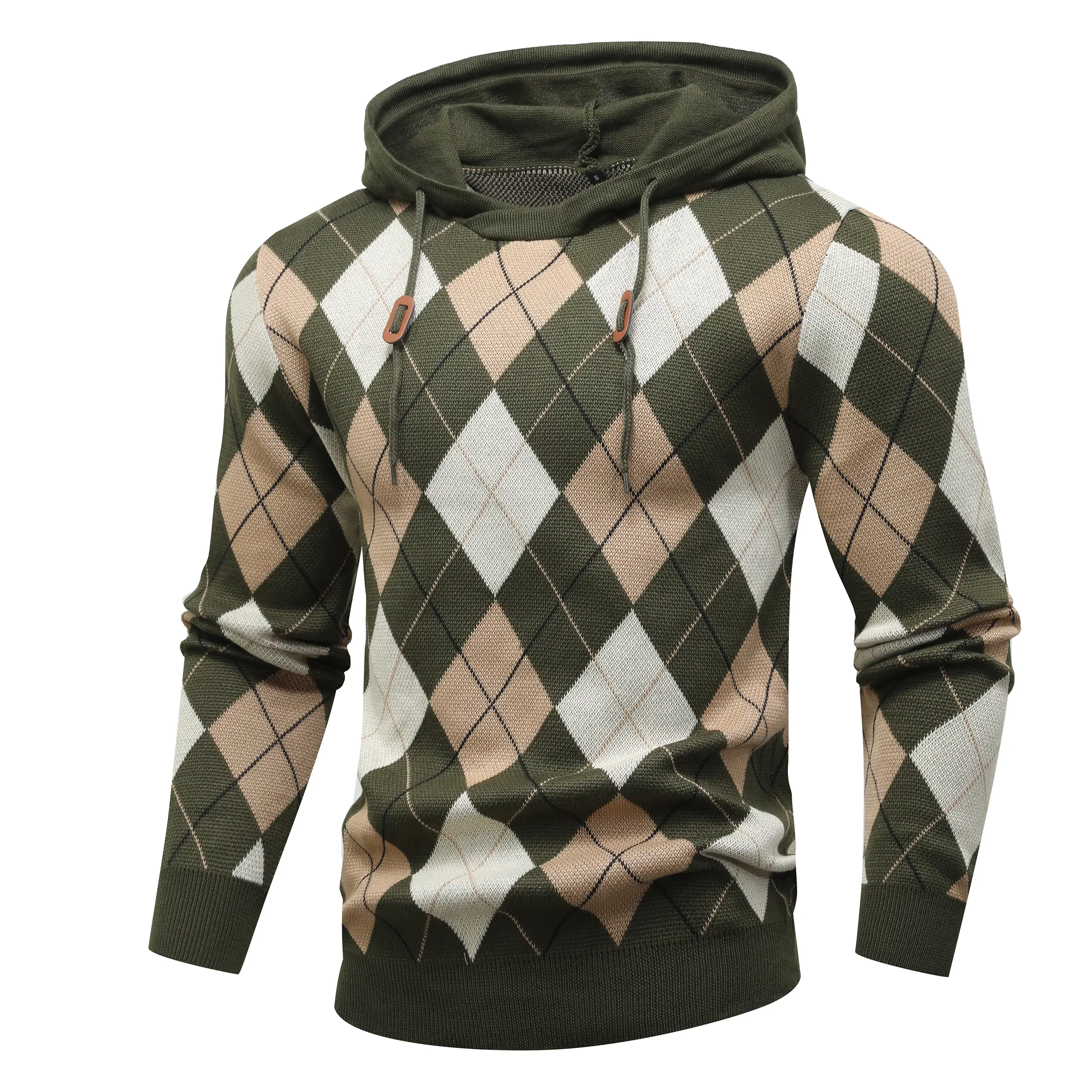 Men's Classic Thick Long-Sleeve Ribbed Fabric Preppy Casual Vintage Diamond-Pattern Hooded Knit Top, Matching Menswear Essential