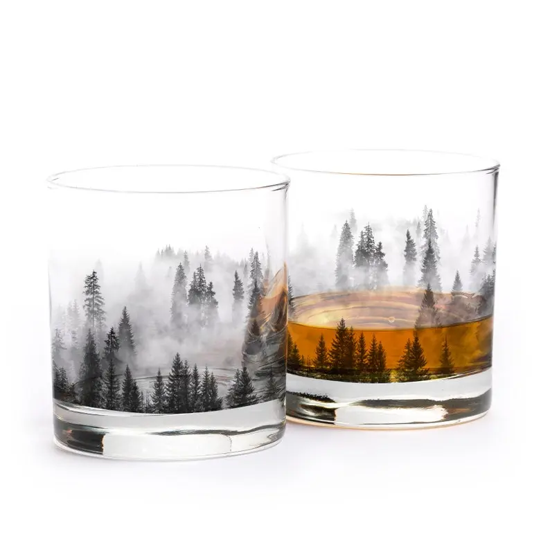 Forest and Clouds Rock Glass Set - Mountain and Nature Themed Kitchen Glasses - Whiskey Lover Gift