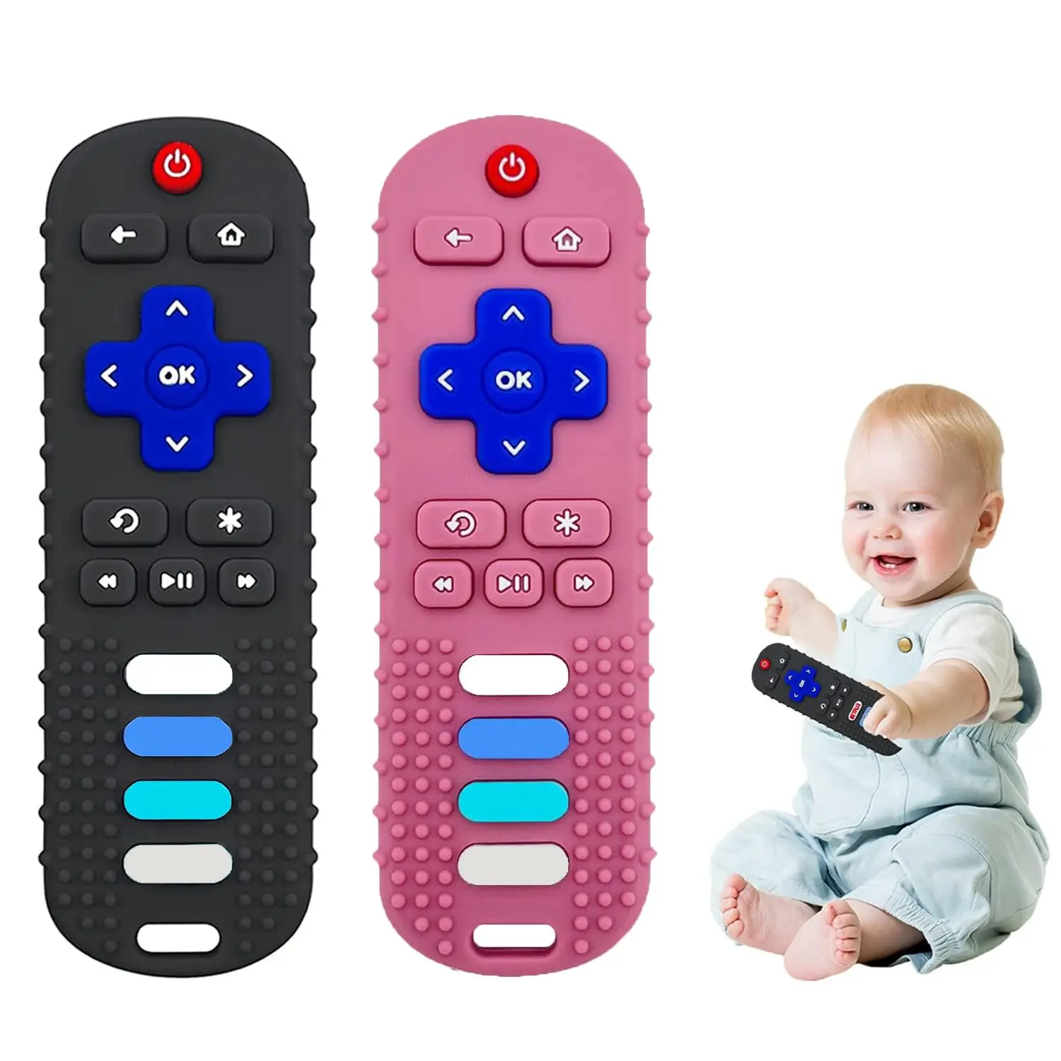 2-Pack Baby Teething Toys-TV Remote Control Shape Silicone Infants Teething Toys  Babies 0-18 Months,BPA-Free (Black+Pink)