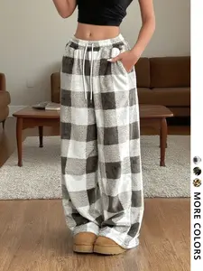 Women's Casual Plaid Pants, Drawstring Waist, Fitted H-Type, Long Regular Length, Comfortable Street Style, All Seasons Wear
