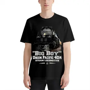 Men's Big Boy 4014 Steam Locomotive Graphic T-Shirt, Black Tee with White & Red Locomotive Print Regular Fit Breathable Durable All-Season Casual Leisure Top