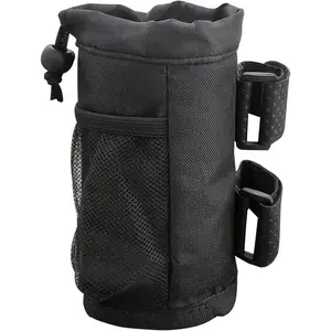 Bike Cup Holder, Oxford Water Bottle Holder with Mesh Pocket and Cord Lock, Cycling Water Bottle Drink Organizer, Universal Handlebar Accessories for Boat, Scooter, Wheelchair (Black)