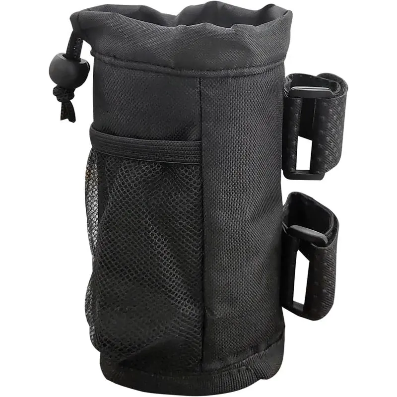Bike Cup Holder, Oxford Water Bottle Holder with Mesh Pocket and Cord Lock, Cycling Water Bottle Drink Organizer, Universal Handlebar Accessories for Boat, Scooter, Wheelchair (Black)